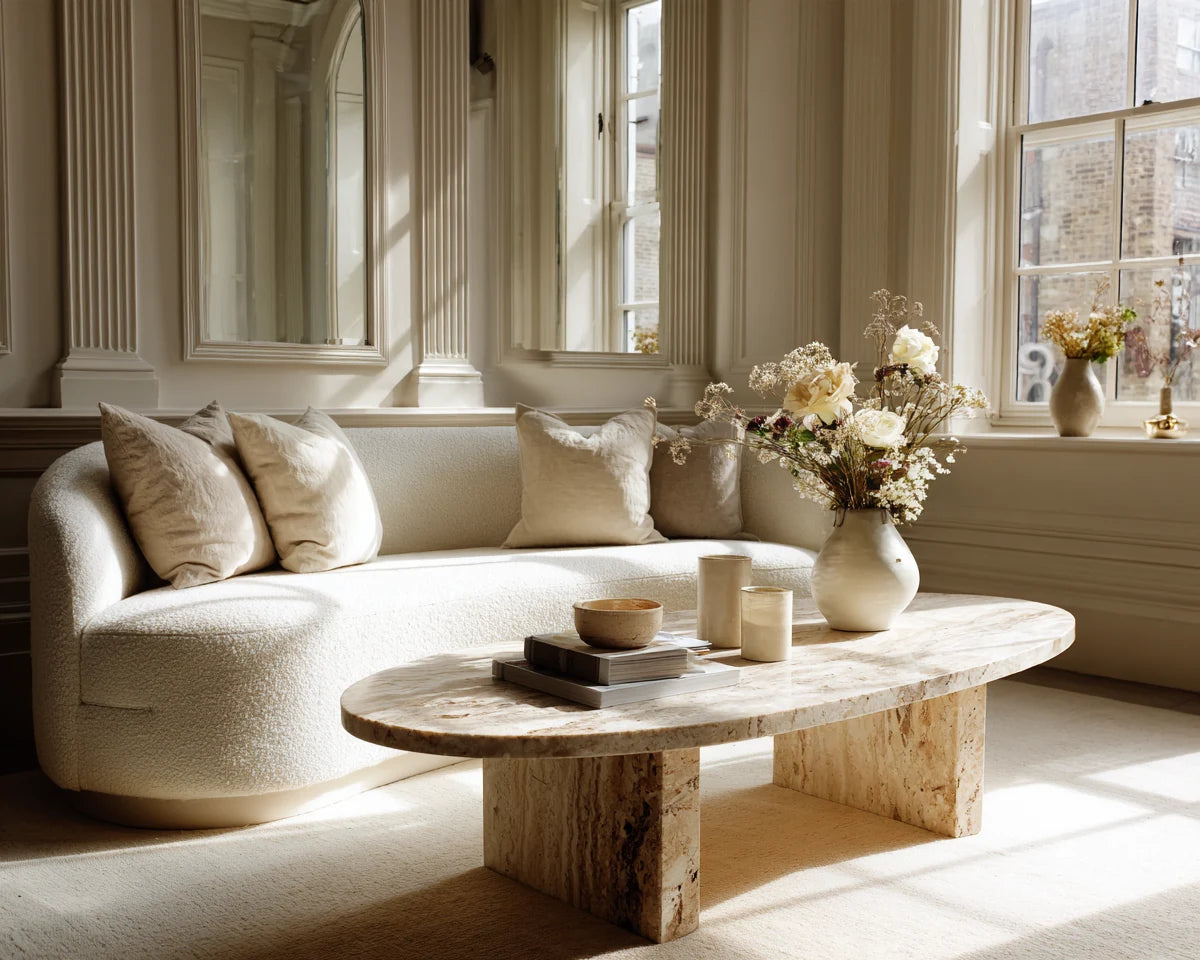 Cream curved sofa beside an oval travertine coffee table with flowers and design books