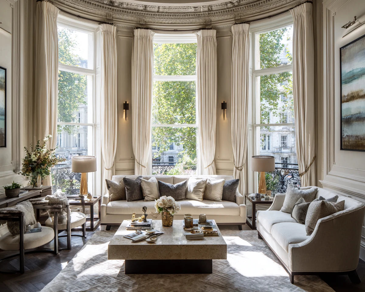 Grand British living room with cream sofas, elegant occasional chairs, soft neutral rug and bay windows