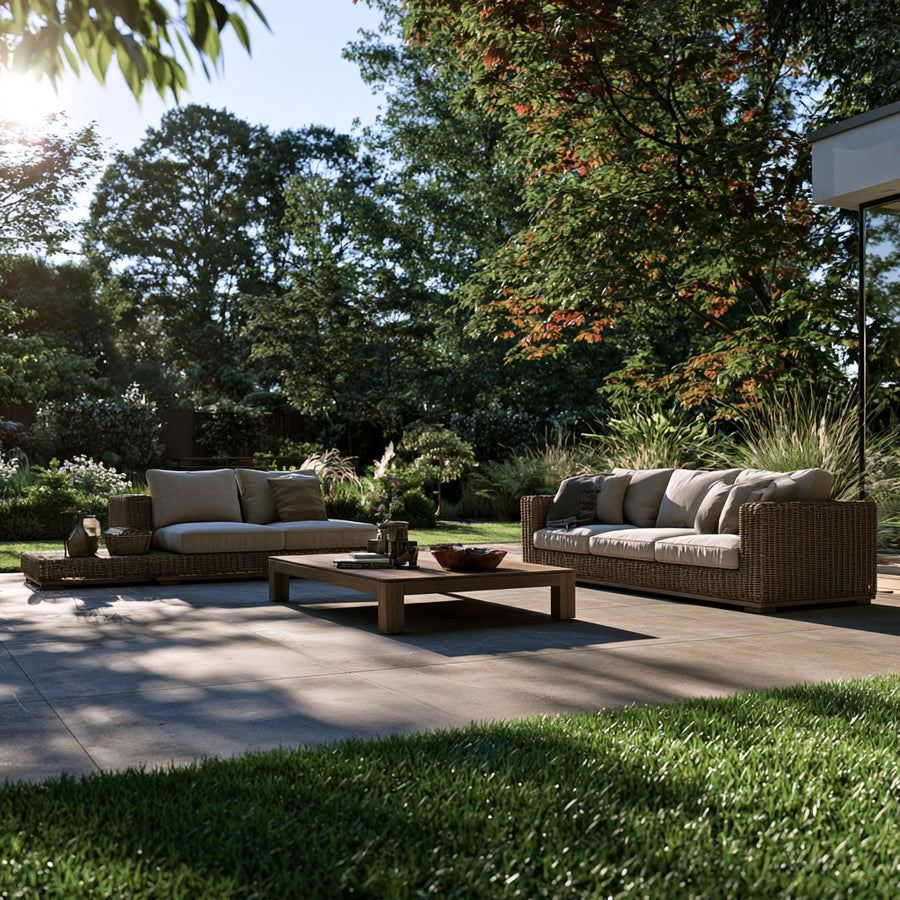 Sunny patio with woven rattan sofas, cream cushions and a low wooden coffee table